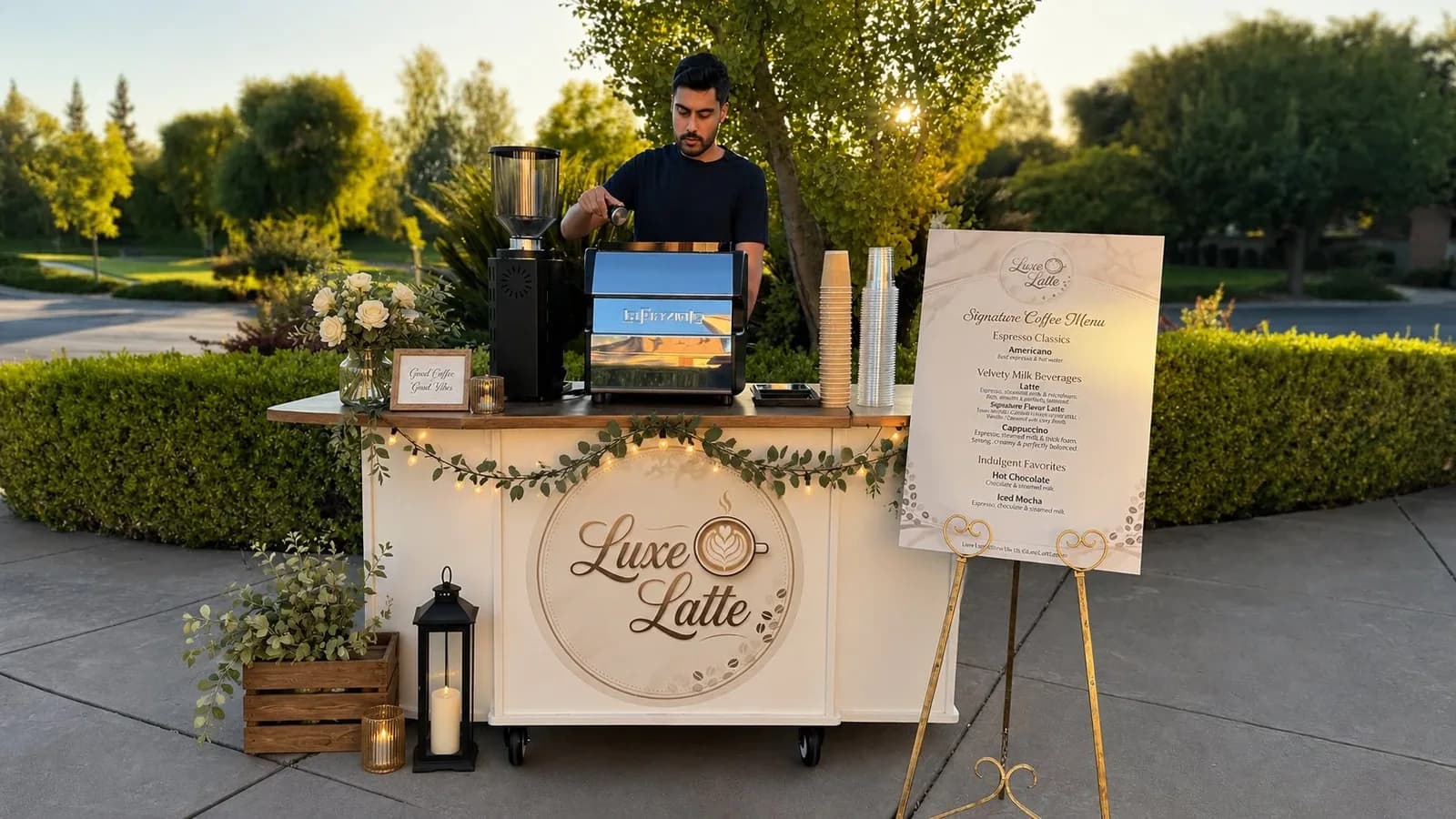 Luxe Latte mobile coffee cart with a professional barista and espresso machine set up outdoors at a Sacramento event
